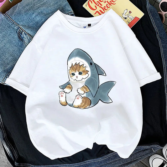 Cat Shark Print Funny T-shirt -