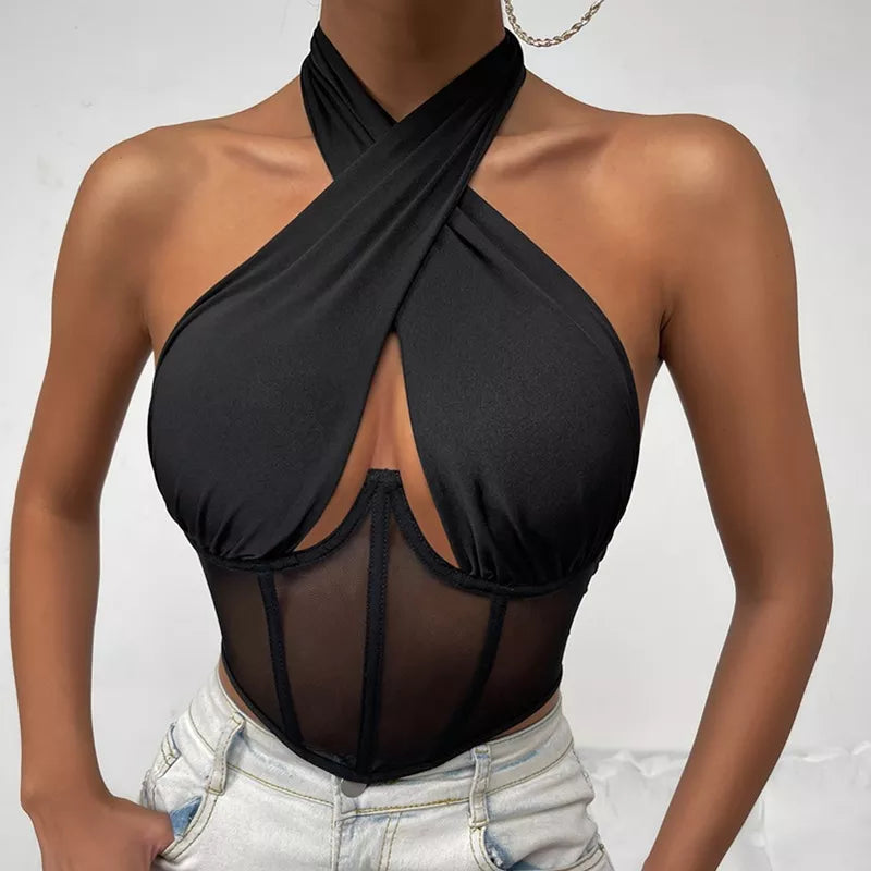 Sexy Cross Halter Bone Tank Tops Tie Up Wrap -