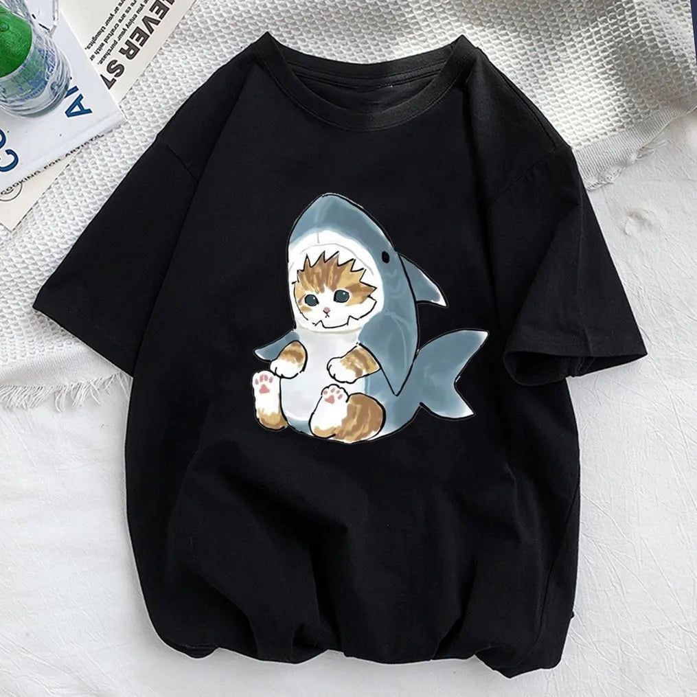 Cat Shark Print Funny T-shirt -