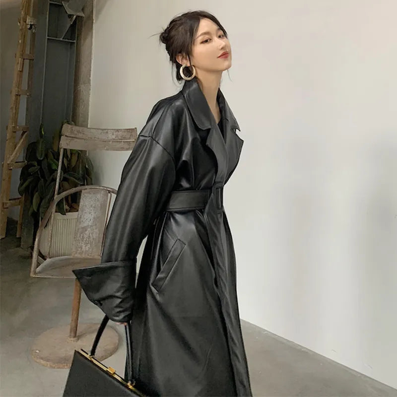 Long oversized leather trench coat for women streetwear -