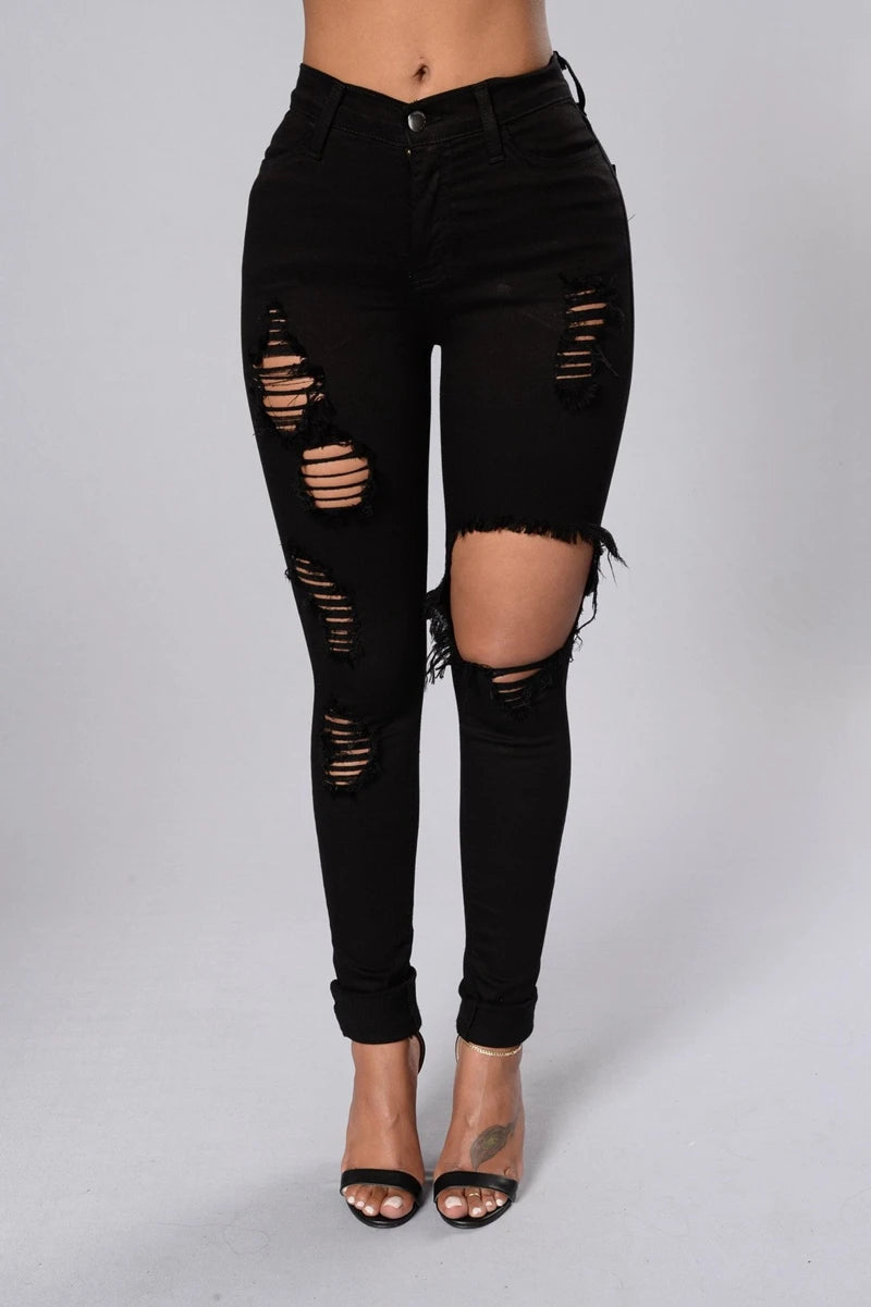 High Waist Stretch Ripped Jeans -