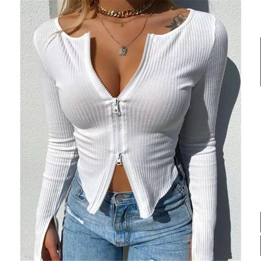 Sexy Long Sleeve Crop Tops Zipper Design -