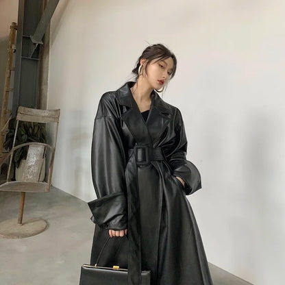 Long oversized leather trench coat for women streetwear -