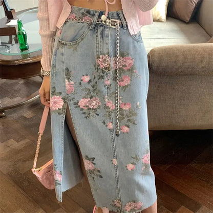 Streetwear Vintage Flowers Print Long Denim Skirts -