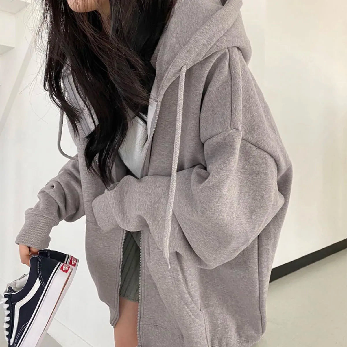 Basic Hoodies Solid Color Zip Up Pocket Oversized -