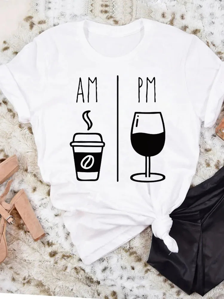 AM Coffee PM Red Wine Print T Shirts -