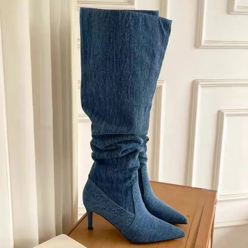 High Knee Heels Denim Jean Boots  -