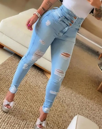 High Waist Ripped Casual Skinny Jeans -