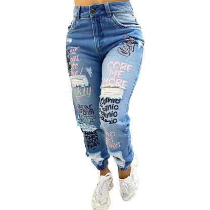 2023 New Letter Print Ripped Jeans Casual -