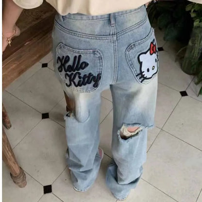 Casual Torn Jeans Hello KittyPattern Jeans -