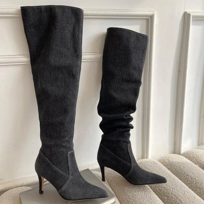 High Knee Heels Denim Jean Boots  -