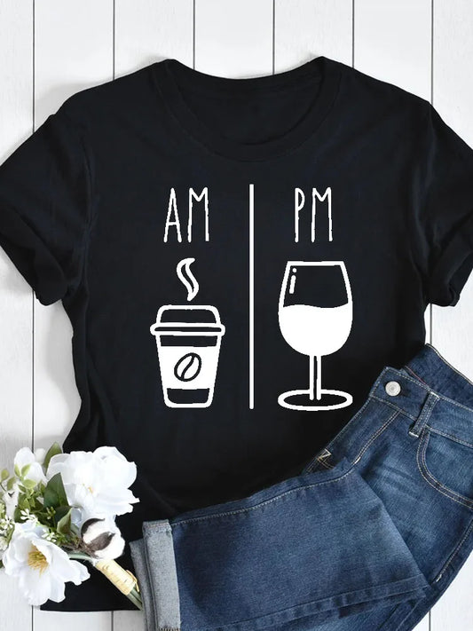 Fashion AM Coffee PM Red Wine Print T Shirts -