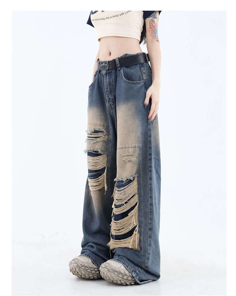 High Waist Vintage Y2k Streetwear Ripped Jeans -