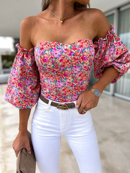 Women Sexy Top Summer Off Shoulder Floral Blouses -