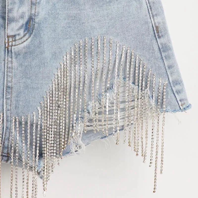 Shorts Diamond Tassel Summer Ripped Jeans -