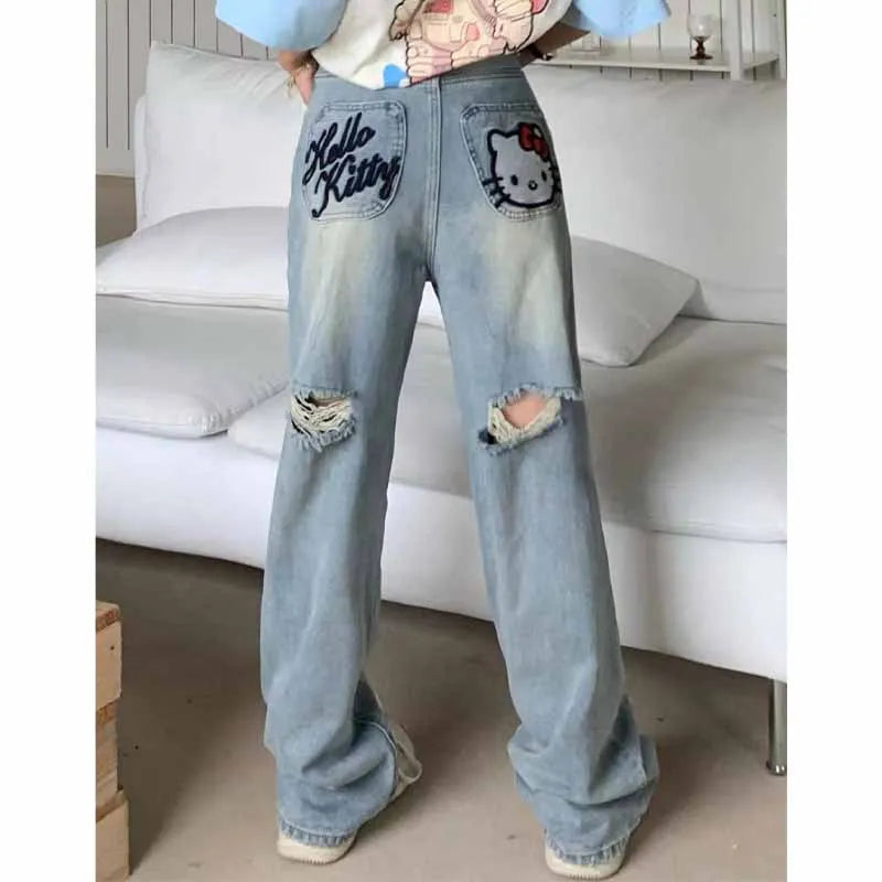 Casual Torn Jeans Hello KittyPattern Jeans -