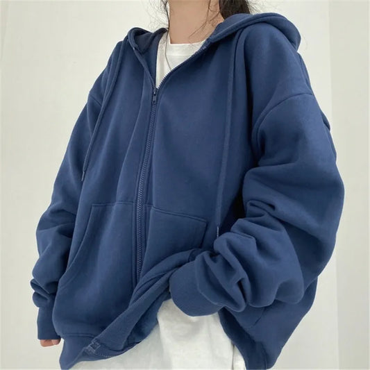 Women Oversized Hoodies Solid Color Zip Up Pocket -