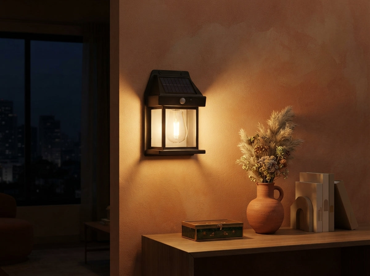 A sleek solar wireless lamp glowing in a modern Indian living room during a power cut, showing reliable illumination.