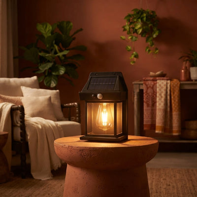 Solar wireless lamp glowing on a terracotta table in a modern Indian home during a power outage.